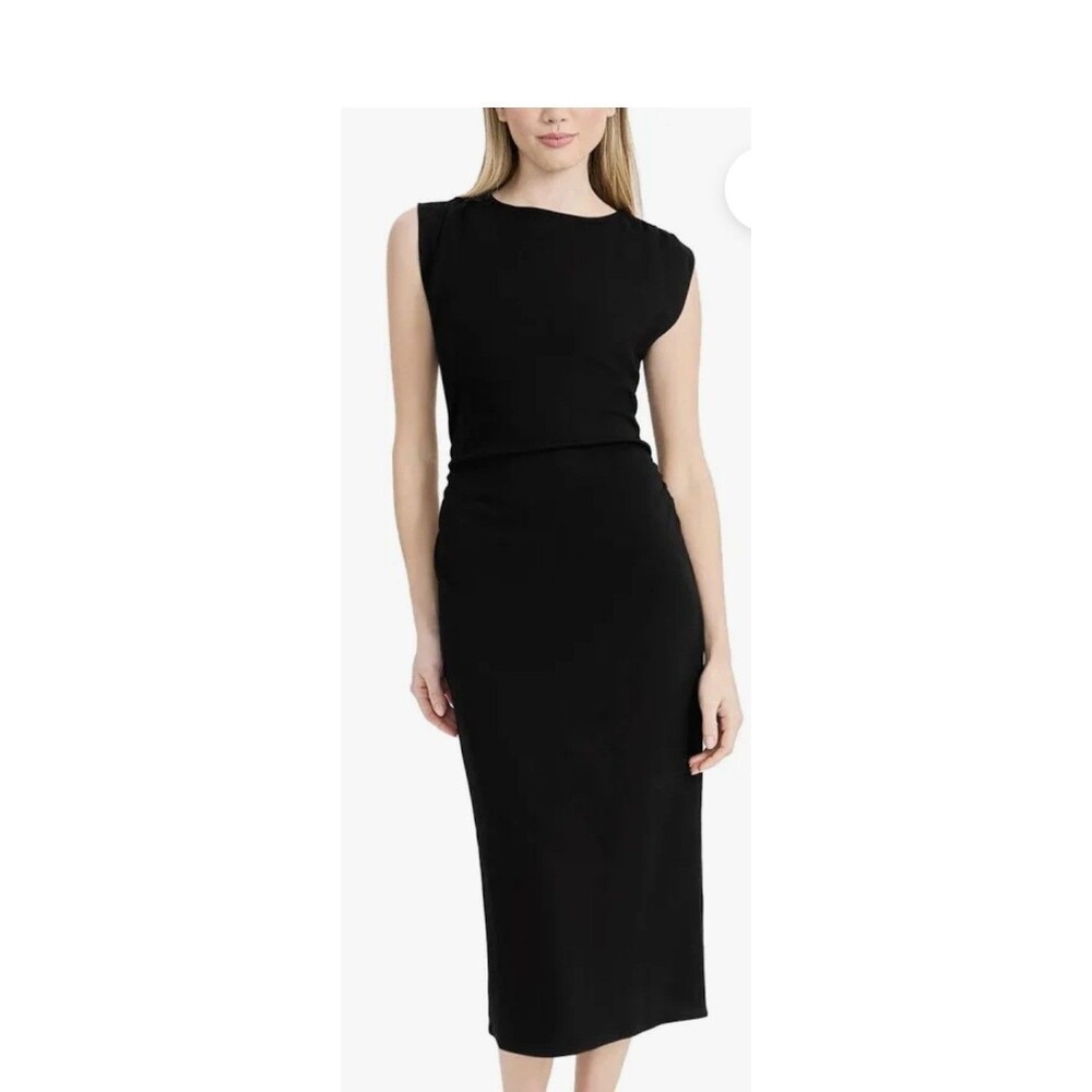 Donna Morgan Black Boat-Neck Midi Sheath Dress Ruched Cap Sleeve Elegant Size M